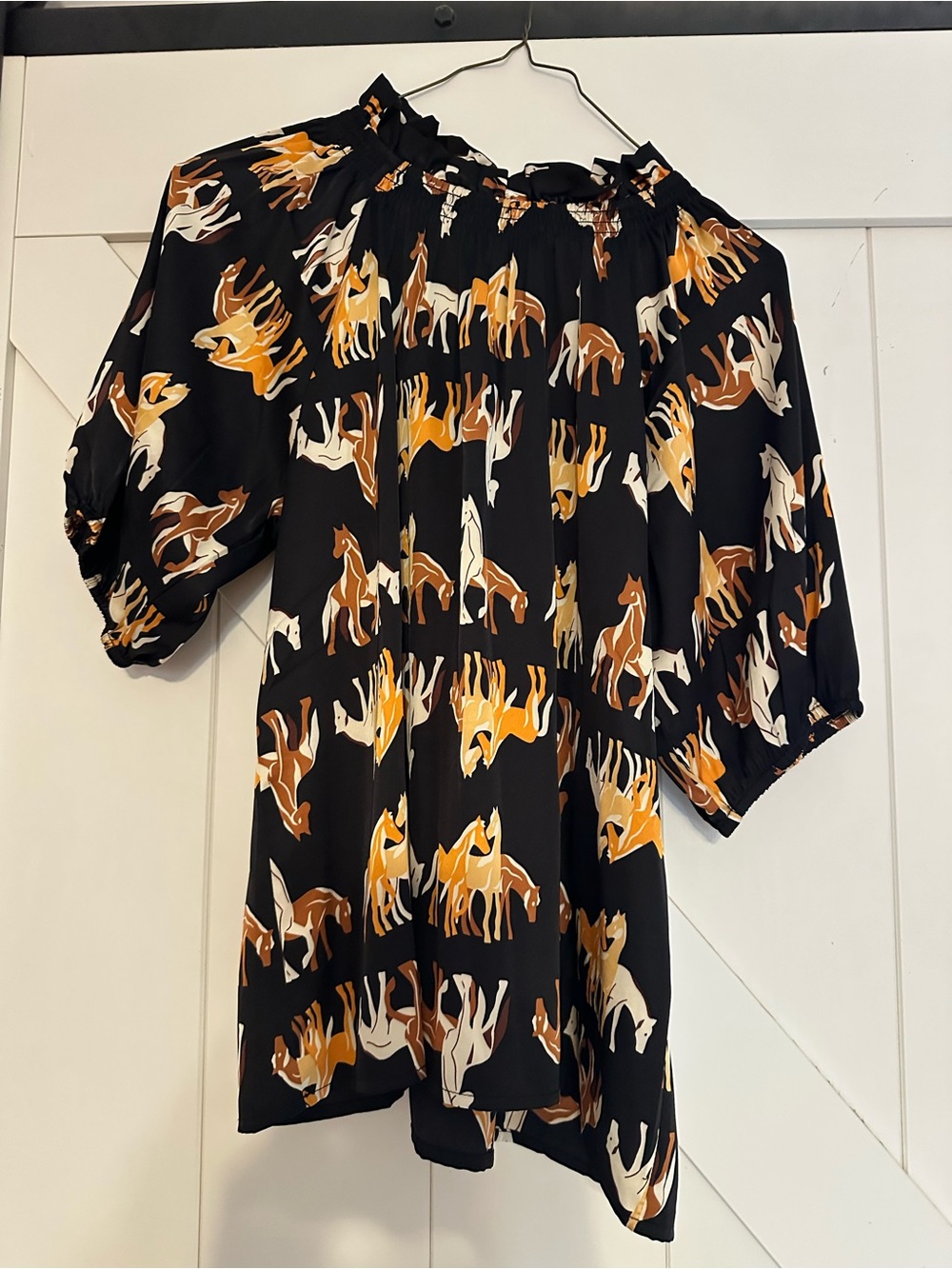 THML Black Horse-Print Puff Sleeve Blouse